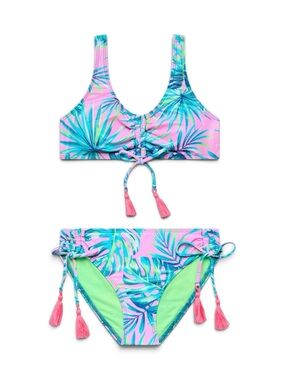 Beach Lingo Girls Tropical Palm Print Tassel Bikini 2-Piece Swimsuit Size 8